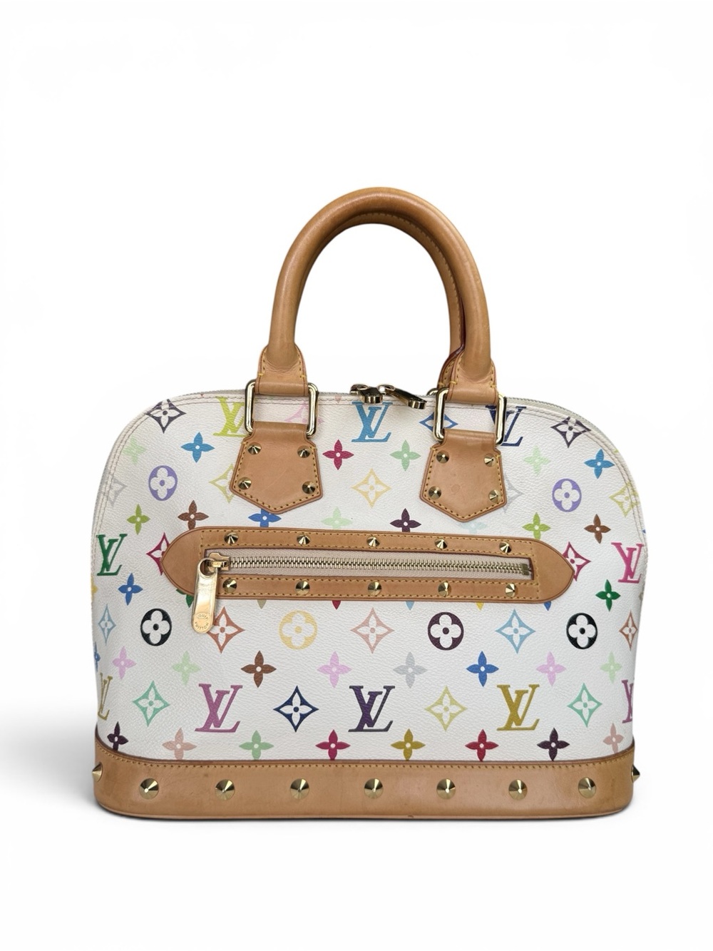 Louis Vuitton White Multicolor Monogram Alma Satchel with Tan Trim